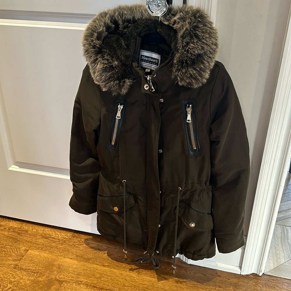 How Dare U jacket with fur trim removable hood